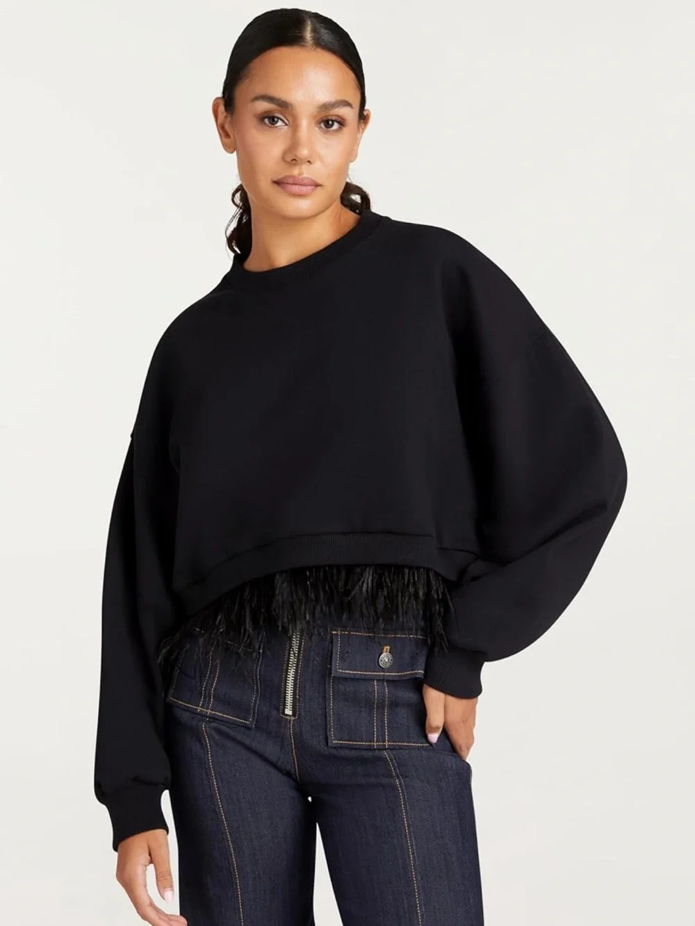 Cinq a Sept Albertine Black Sweatshirt with feather hem detail Size Medium - Picture 2 of 7